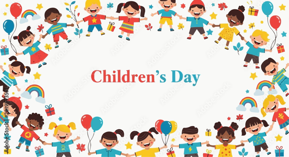 Fototapeta premium Children's Day celebration with various kids holding hands and smiling