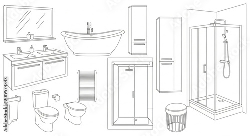 Canvastavla Collection of bathroom fixtures and accessories line art.