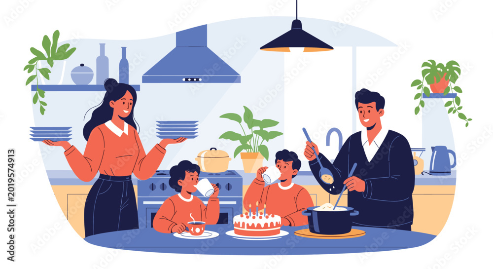 Fototapeta Happy family of four working together in a cozy kitchen to cook and enjoy a meal around a table with a celebratory birthday cake.