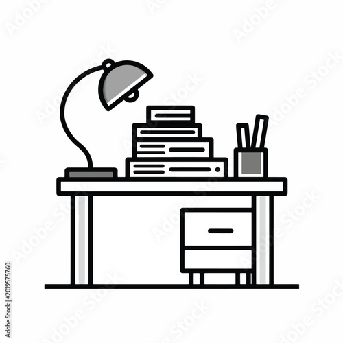 Desk with lamp and office supplies.