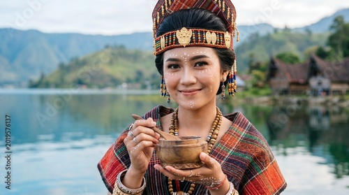 Batak Woman in Traditional Attire Holding Wooden Bowl at Lake Toba