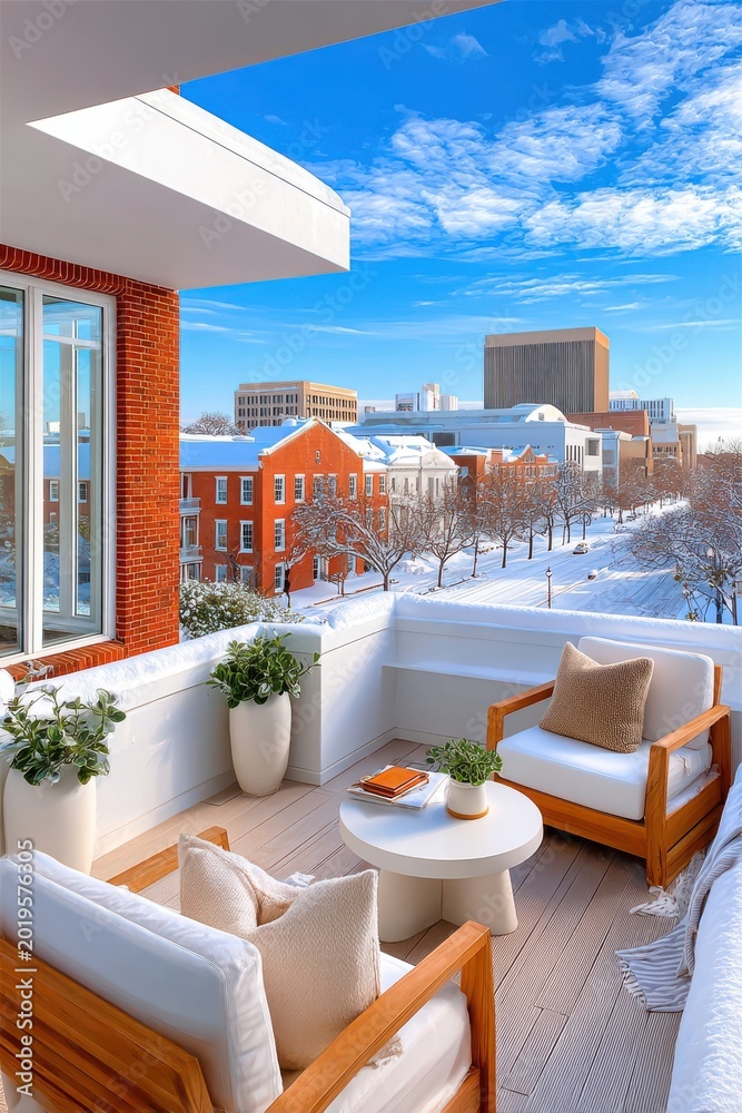 Fototapeta premium Cozy rooftop balcony overlooking snowy downtown with modern seating and bright blue winter sky