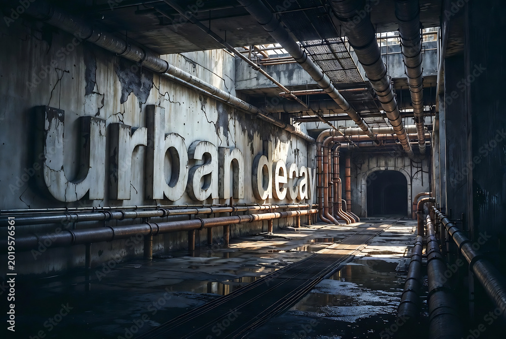 Fototapeta premium Subject: Urban decay, a large sign reading 