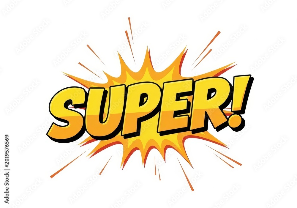 Naklejka premium Vibrant comic style super exclamation in bold yellow lettering isolated on white background