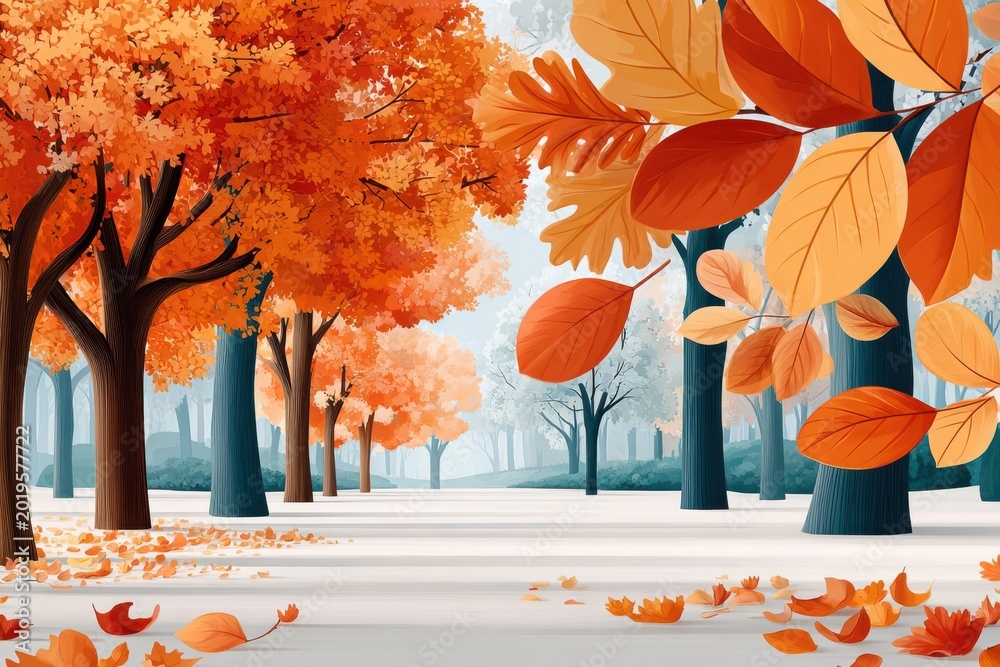 Obraz premium Autumn park scene with orange trees, fallen leaves and a peaceful forest pathway in fall