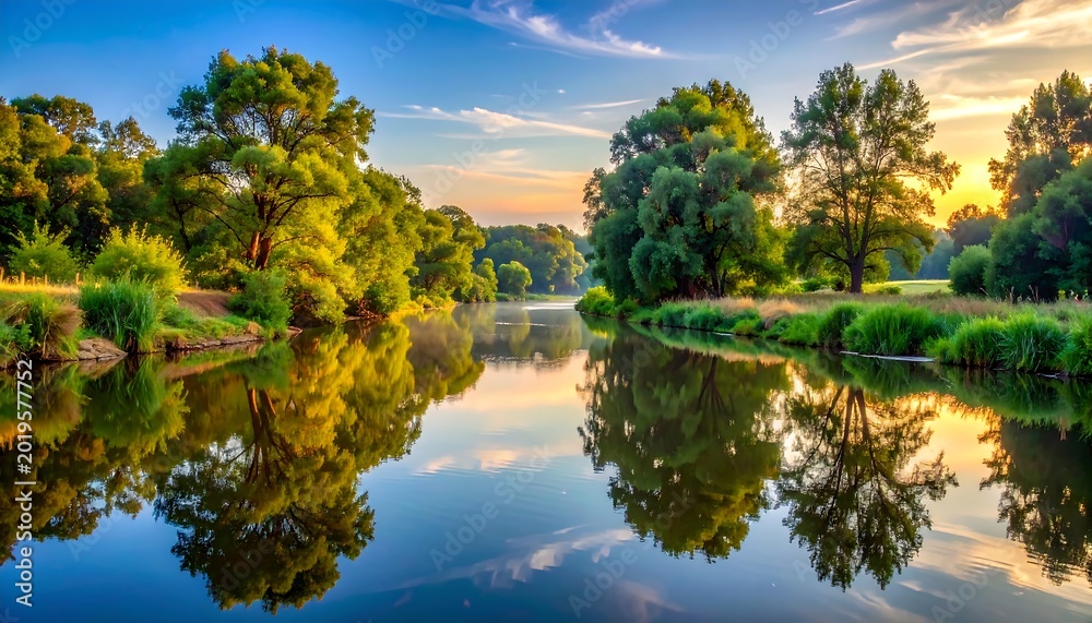 Fototapeta premium Lush Green Trees Reflecting on Calm River at Golden Sunset