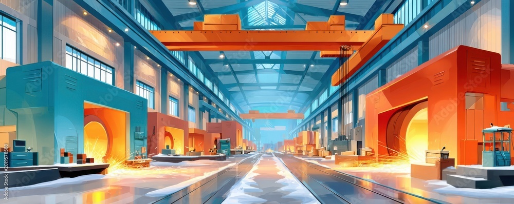 Fototapeta premium Wide industrial factory interior with heavy manufacturing machinery, steel production and glowing furnaces
