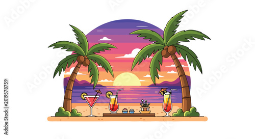 Tropical palm trees on a beach at sunset with retro pixelated style