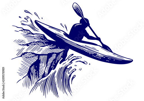 Kayak Sport hand drawn engraved vector illustration