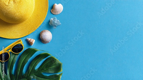 Yellow straw hat with sunglasses, seashell, and green monstera leaf on bright blue background, flat lay top view summer banner with copy space