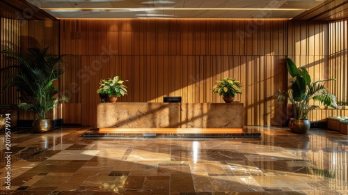 Lobby interior with warm wood accents and plants