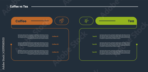 Cuadro en lienzo coffee vs tea comparison infographic dark outline for slide presentation with bo