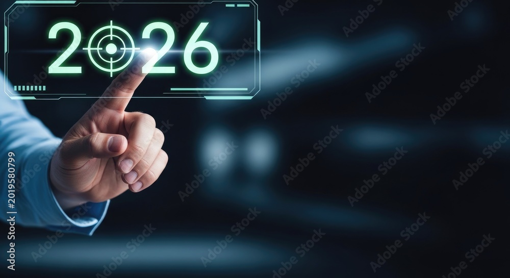 Fototapeta premium Futuristic interface with hand interacting 2026 projection