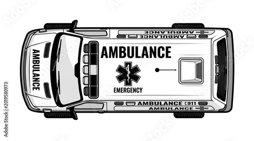 Fotografi Top view illustration of an ambulance vehicle with emergency markings
