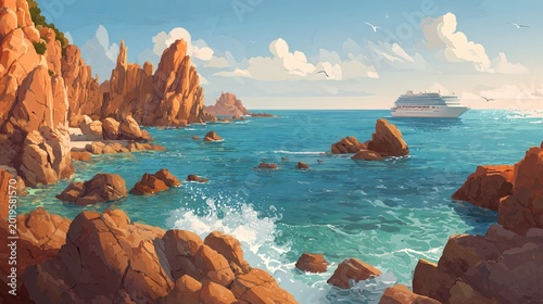 Sunny rocky coastline with turquoise sea water, dramatic cliffs, wide angle bright daylight travel and vacation background