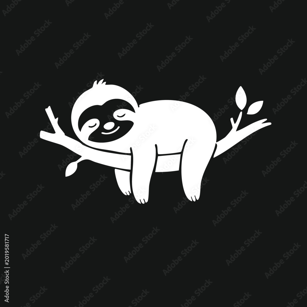 Obraz premium Cute Minimalist Cartoon Sloth Sleeping on a Tree Branch Vector Illustration