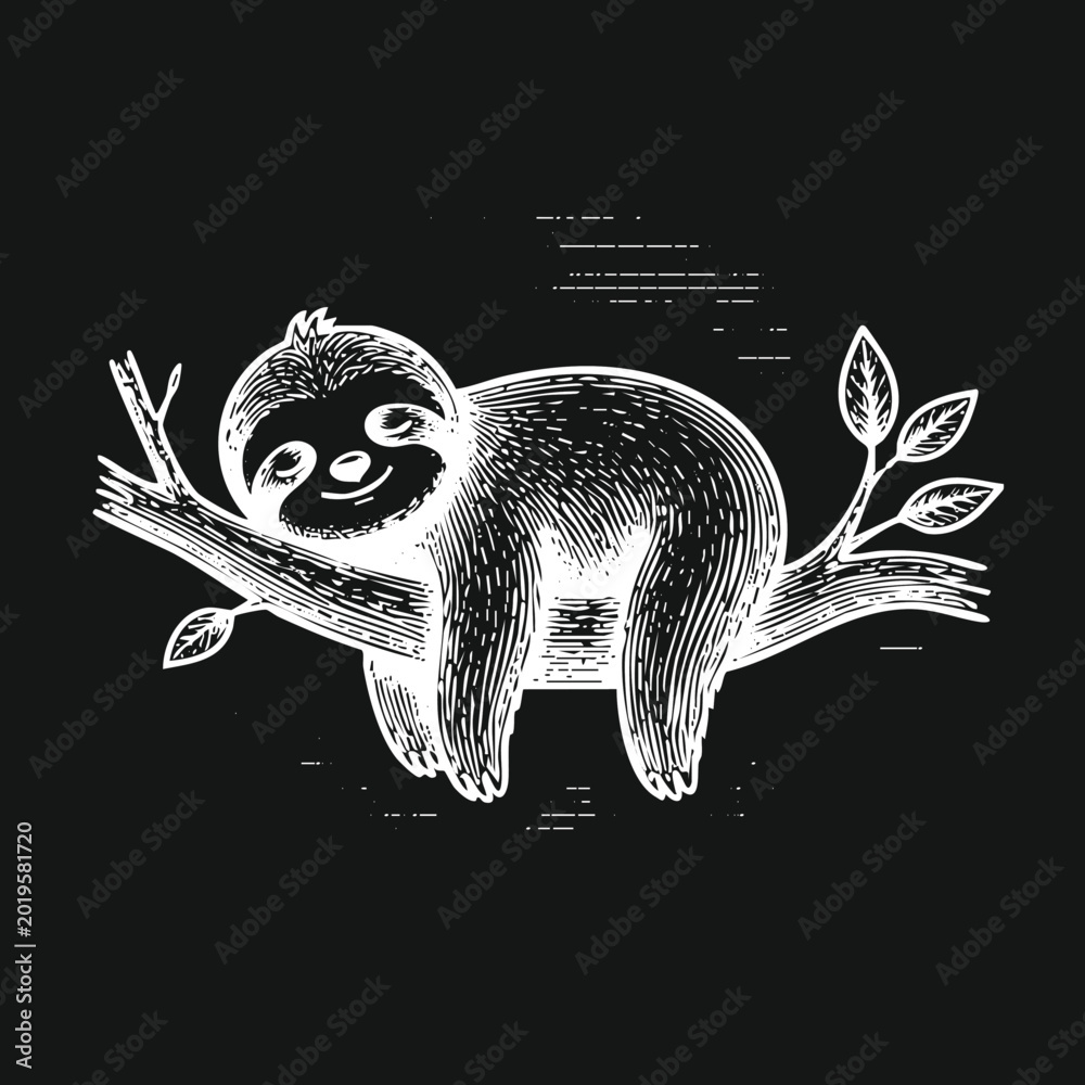 Naklejka premium Sleeping Sloth on Tree Branch Engraving Style Illustration