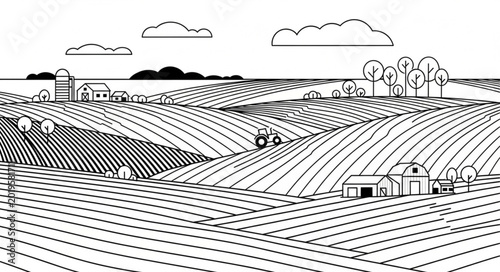 Obraz na plátně Stylized Farm Landscape with Rolling Hills and Tractor.