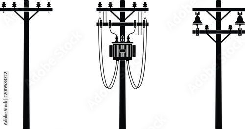 Photos Utility pole vector icon set featuring black silhouette designs of wooden telegr