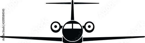 Εκτύπωση καμβά Private jet airplane vector icon featuring a symmetric front view flat black sil