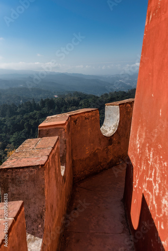Architectural Detail: The Bright Red Facade of Pena Palace in Sintra, Portugal