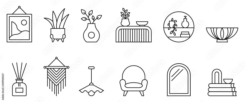 Fototapeta premium Modern minimalist home decor interior accessories set, featuring linear icons of furniture, plants, vases, lamps, mirror, armchair, wall art, and cozy aesthetic lifestyle elements.