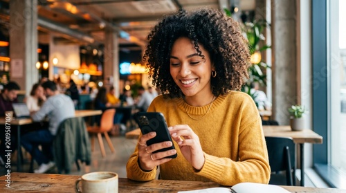 Smiling Young Woman with Curly Hair Using Smartphone in Busy Coffee Shop Sitting at Table with Latte