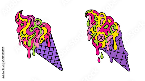 Photos Whimsical melting ice cream cones featuring a groovy, psychedelic color palette