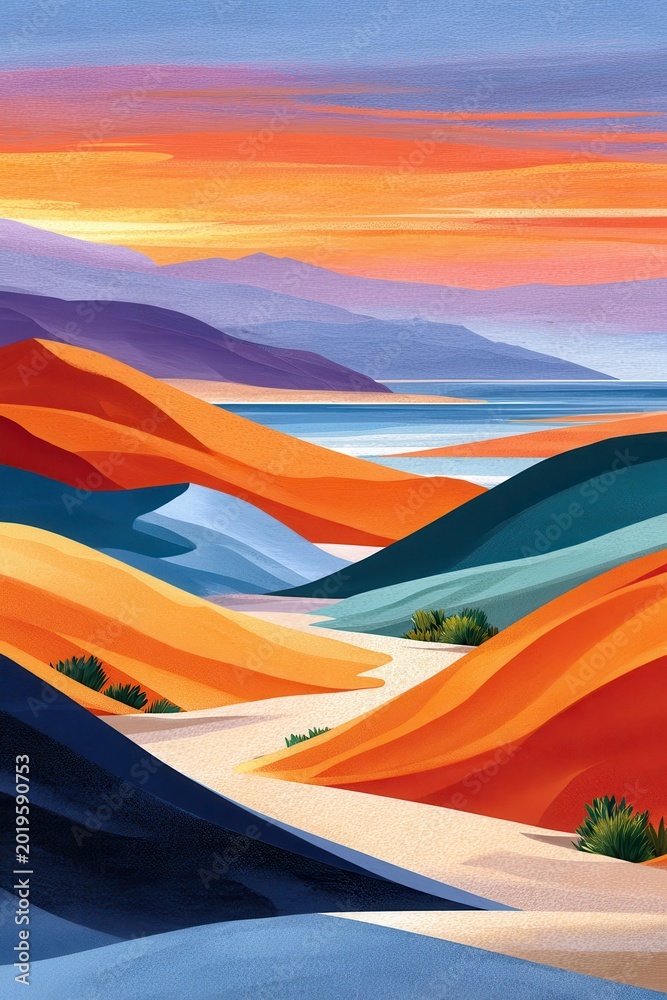 Naklejka premium Colorful sand dune landscape at sunset along a coastal seascape, stylized illustration