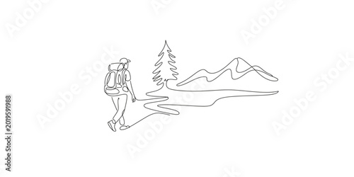 Continuous line drawing of a hiker with a backpack walking towards a pine tree and mountain range on a white background