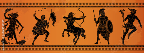 Foto Ancient Greece mythology frieze with Erinys, Chiron centaur, Spartan hoplite and Hermes