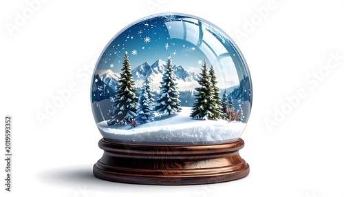 Detailed Winter Snow Globe Displaying Pine Trees and Mountain Landscape on White Background