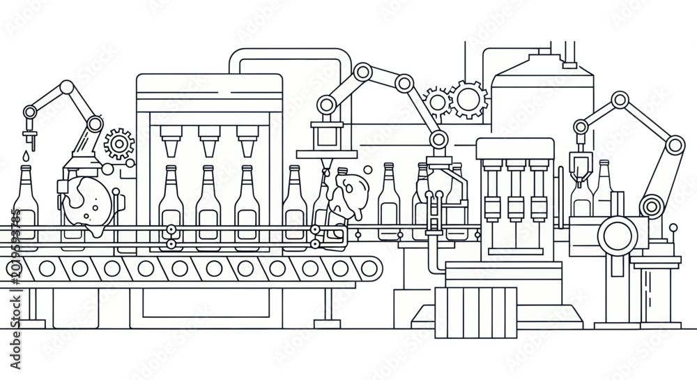 Naklejka premium Automated Bottling Line: Factory Production with Robotic Arms and Conveyor Belt