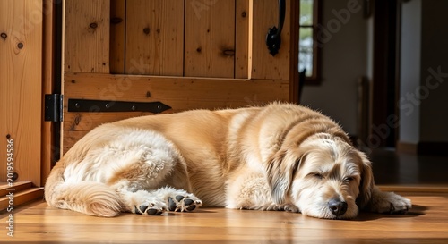 Golden retriever dog rests near open wooden door in warm sunlight