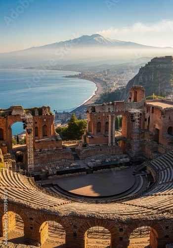 Ancient Greek Theater of Taormina with Mount Etna and Ionian Sea at Sunset, Sicily, Italy