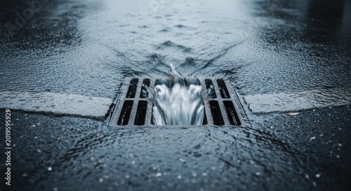 Heavy Rainwater Flowing Into Street Drain Grate.