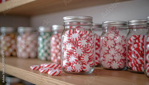 Glass jars filled with red and white peppermint candies on shelf  