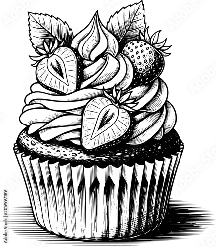 Fotografia Hand-drawn black and white of a delicious strawberry cupcake with swirled frosti