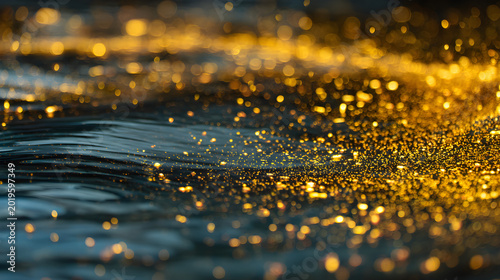 Golden pollen dust particles shimmering and floating on dark rippling water surface captured in extreme macro photography with a shallow depth of field creating a magical ethereal