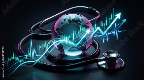A glass globe showing rising financial market trends sits inside a medical stethoscope to represent global healthcare economic growth