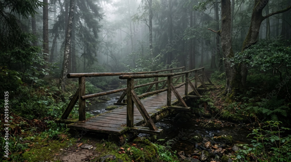 Fototapeta premium Misty Forest Wooden Bridge Over Stream