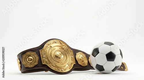 Luxury Championship Belt and Soccer Ball on White Background