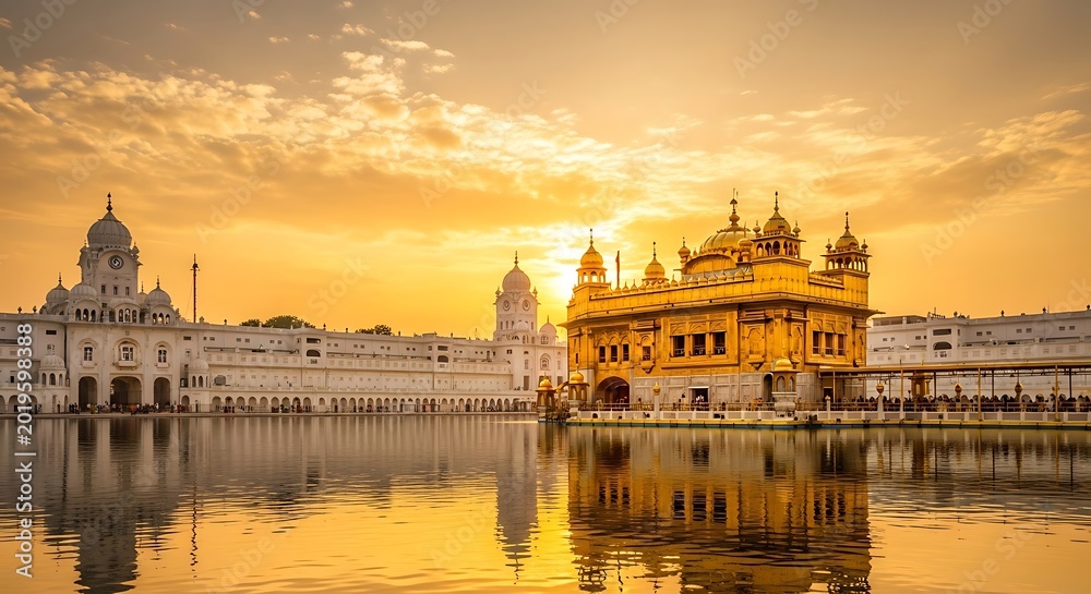 Fototapeta premium Golden temple sikh shrine reflecting in water during sunset