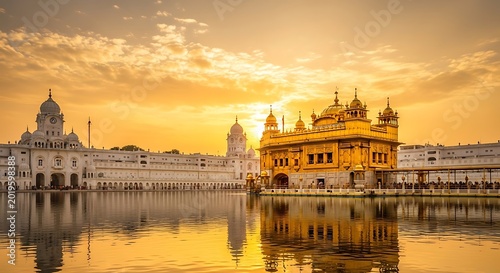 Golden temple sikh shrine reflecting in water during sunset