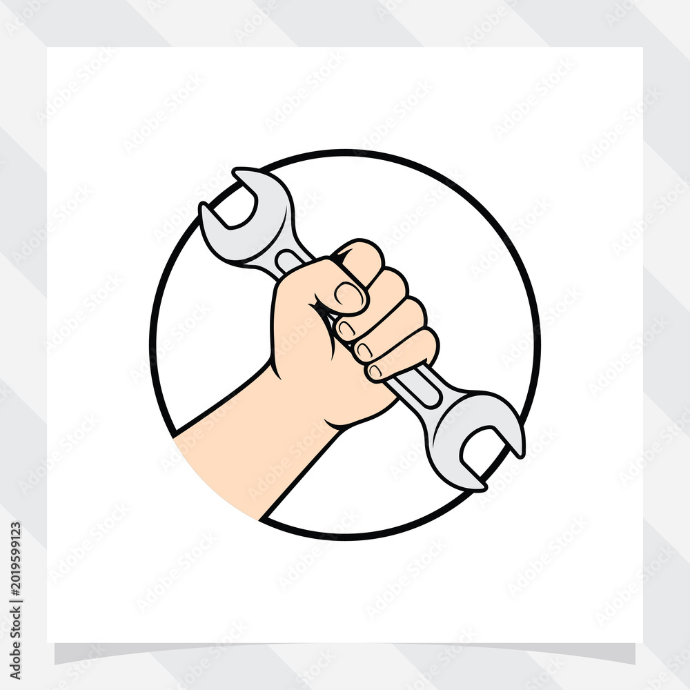 Fototapeta premium Hand holding Wrench icon logo vector. repair tool equipment.