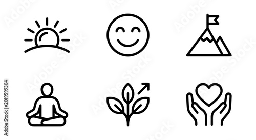 Foto Mindfulness Icons: Sunrise, Happy Face, Mountain Peak, Meditation, Growth, and C