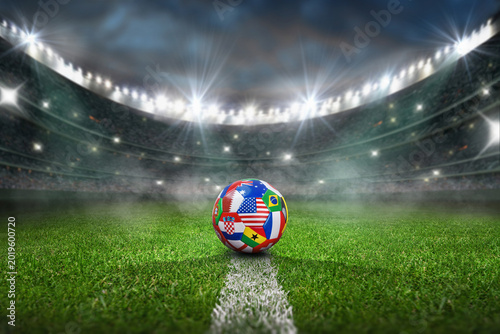 textured soccer game field with soccer ball covered with multiple national flags in neon fog. international match - center, midfield.