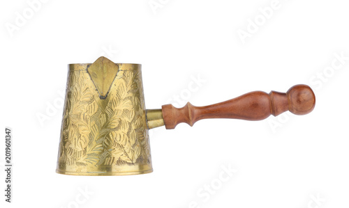 Photos Traditional brass turkish coffee pot with decorative patterns and wooden handle on transparent background