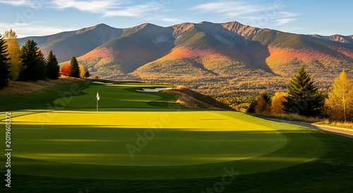 Golf course view with green grass and mountain landscape on sunny day