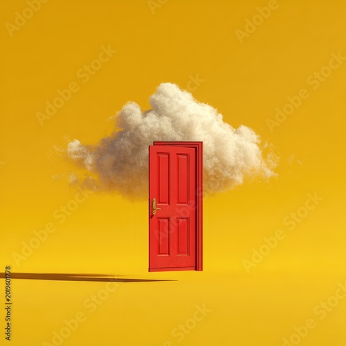 A red door partially obscured by a fluffy cloud against a vibrant yellow backdrop, suggesting surrealism or imagination